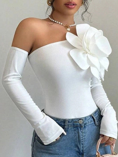 Long Sleeves Skinny Solid Color Three-Dimensional Flower One-Shoulder T-Shirts Tops