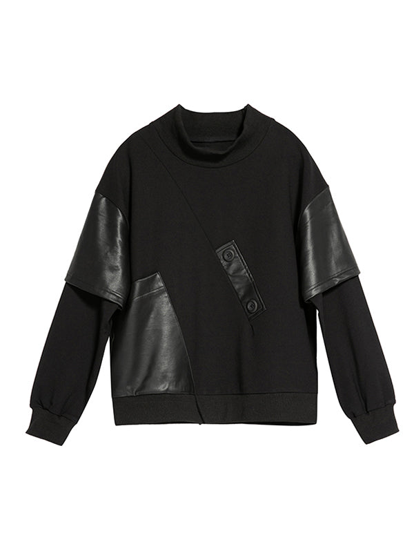 Thicken PU Split-Joint False-Two Asymmetric Sweatshirt