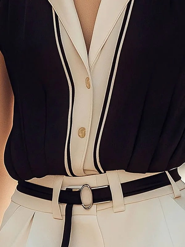 Loose Sleeveless Buttoned Contrast Color Notched Collar Blouses&Shirts Tops