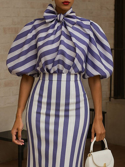 Puff Sleeves Bowknot Pleated Split-Joint Striped High Neck Blouses&Shirts Tops