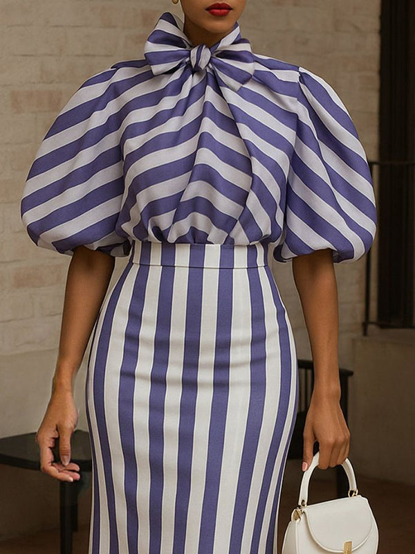 Puff Sleeves Bowknot Pleated Split-Joint Striped High Neck Blouses&Shirts Tops