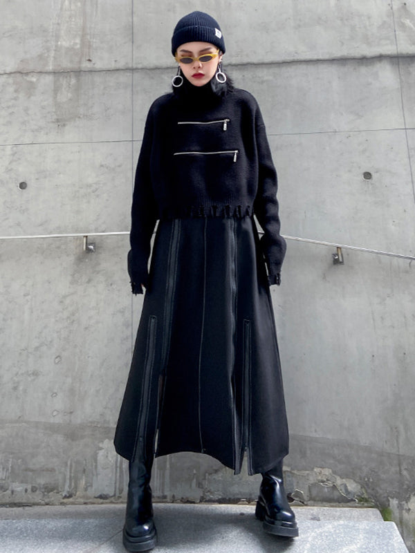 A-Line Irregularity Solid Color Split-Joint Split-Side Zipper Skirts Bottoms