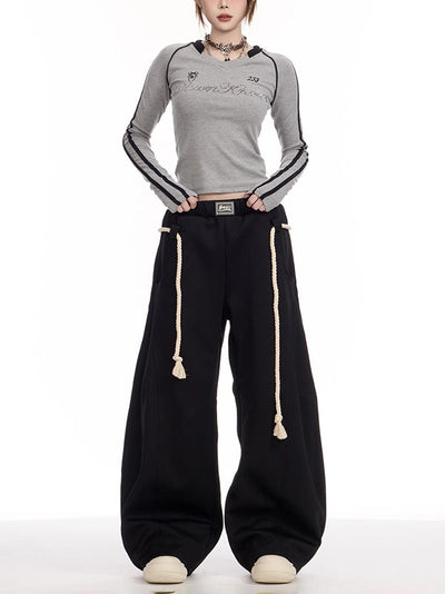 High Waisted Loose Drawstring Elasticity Pockets Solid Color Pants Trousers