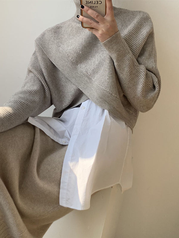 Long Sleeves Asymmetric Solid Color Split-Front High-Neck Knitwear Pullovers Sweater