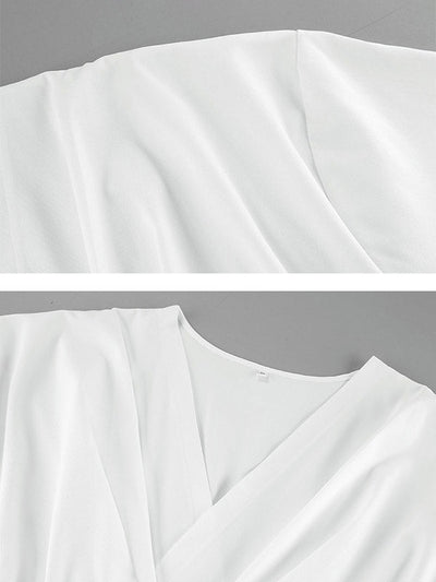 Long Sleeves Loose Pleated Solid Color Split-Joint Tied Waist V-Neck Mini Dresses Shirt Dress