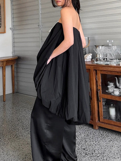 High-Low Sleeveless Elasticity Pleated Solid Color Split-Joint Tube Blouses&Shirts Tops