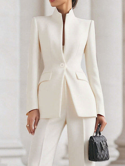 Long Sleeves Buttoned Pockets Solid Color Stand Collar Blazer Outerwear
