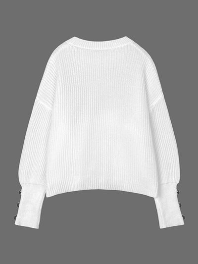 Long Sleeves Loose Buttoned Solid Color Split-Joint Round-Neck Pullovers Sweater Tops