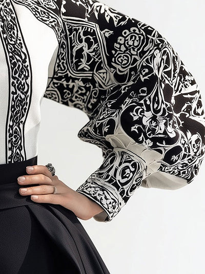Long Sleeves Loose Contrast Color Flower Print High Neck Blouses&Shirts Tops