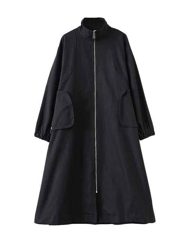 Long Sleeves Loose Elasticity Pockets Split-Joint Zipper High Neck Outerwear Trench Coats
