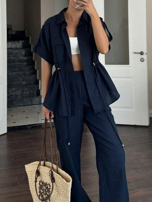 Loose Drawstring Split-Joint Tied Waist Lapel Blouse + High Waisted Pants Trousers Two Pieces Set