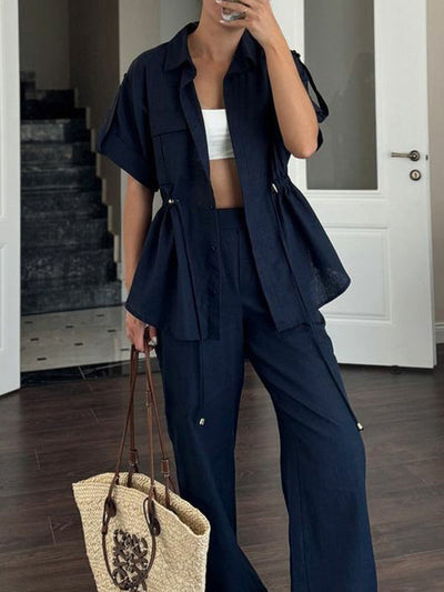Loose Drawstring Split-Joint Tied Waist Lapel Blouse + High Waisted Pants Trousers Two Pieces Set