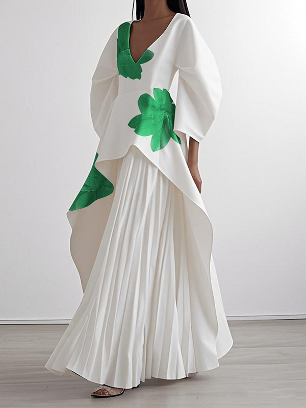 A-Line Loose Flower Print Pleated V-Neck Maxi Dresses