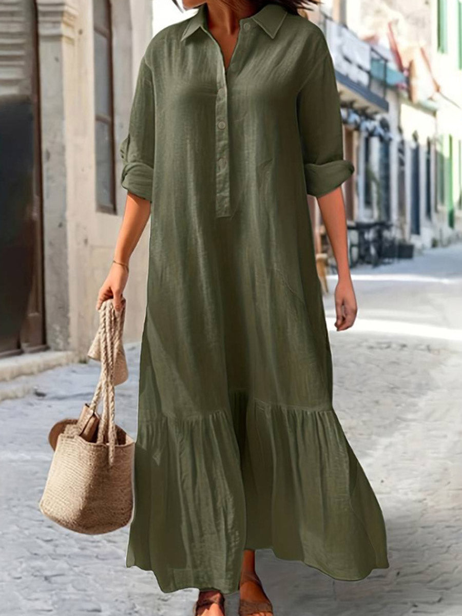 A-Line Long Sleeves Buttoned Pleated Solid Color Split-Joint Lapel Maxi Dresses