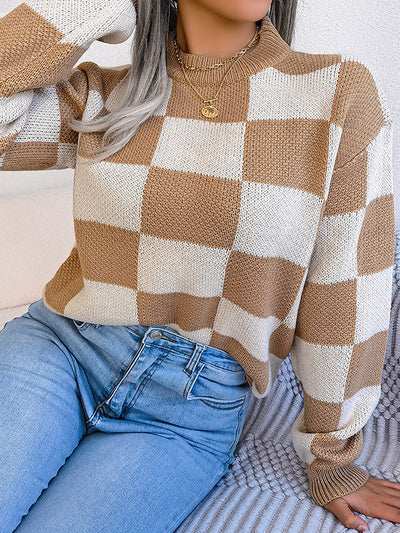 Long Sleeves Loose Contrast Color Plaid Round-Neck Sweater Tops