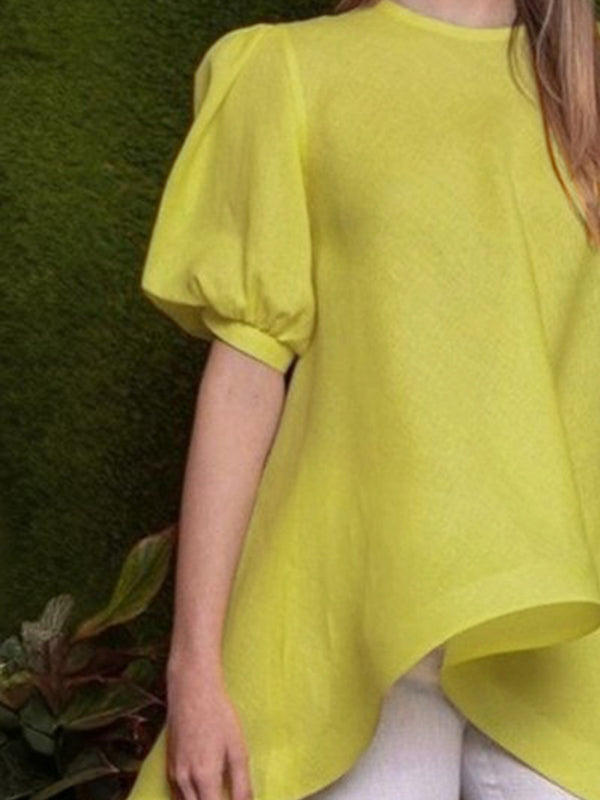 High-Low Loose Pleated Solid Color Round-Neck Blouses&Shirts Tops