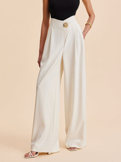 High Waisted Loose Buttoned Pleated Solid Color Pants Trousers