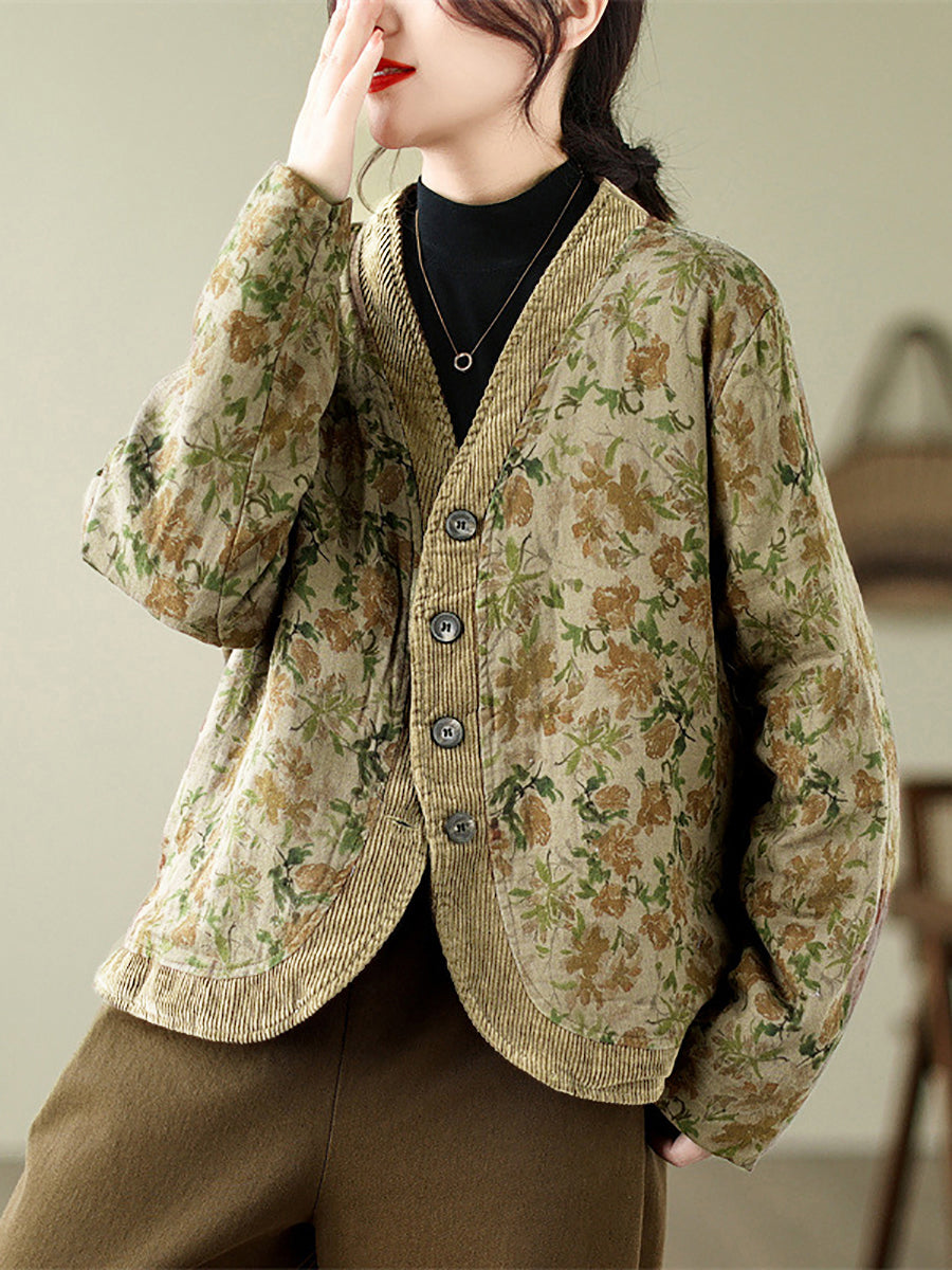 Plus Size Women Retro Floral Spliced V-Neck Padded Jacket
