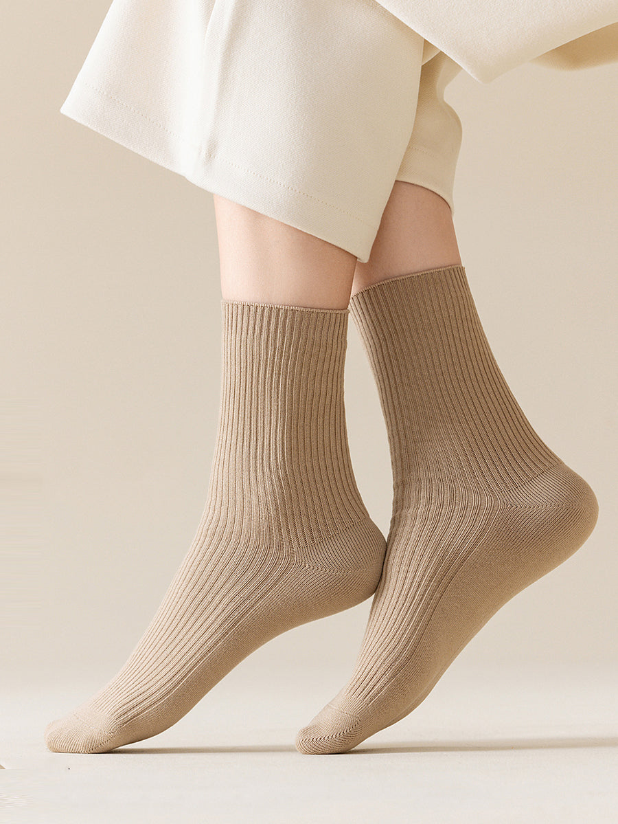 5 Pairs Women Casual Pure Color Mid-Heel Cotton Socks