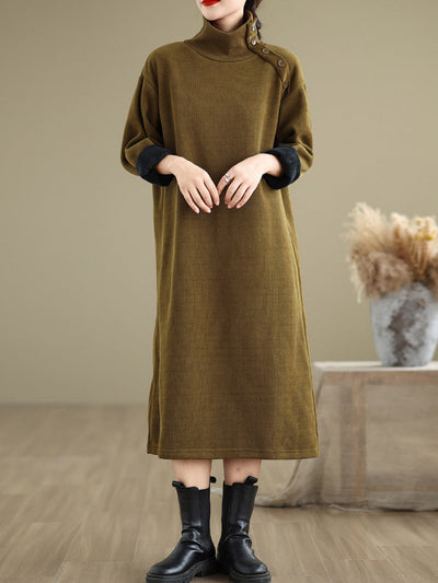 Women Winter Pure Color Fleece-lined Stand Collar Dress