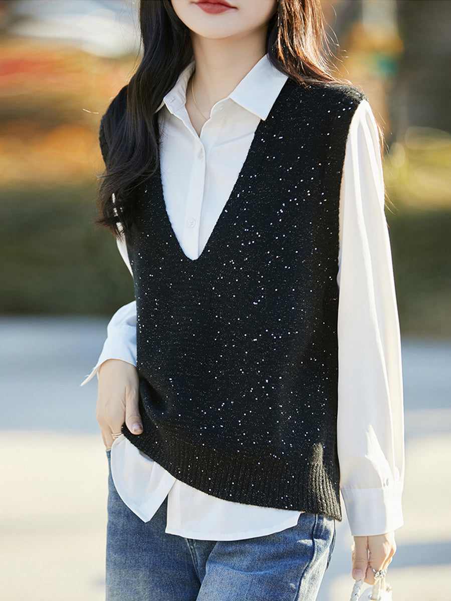 Women Autumn Casual Pure Color V-Neck Knitted Vest