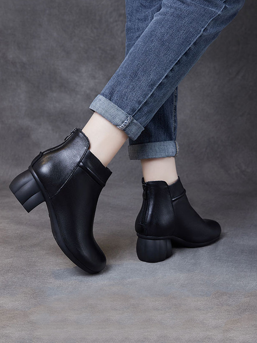 Women Vintage Genuine Leather Mid Heel Ankle Boots