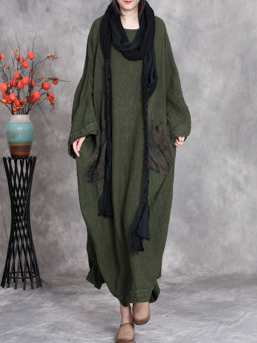 Women Autumn Vintage Spliced O-Neck Linen Maxi Dress