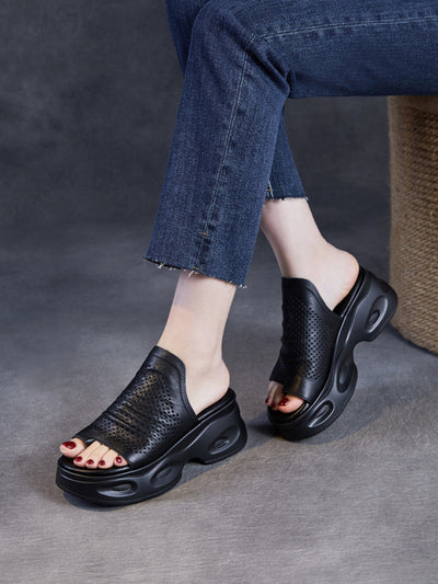 Women Summer Casual Genuine Leather Platform Slippers