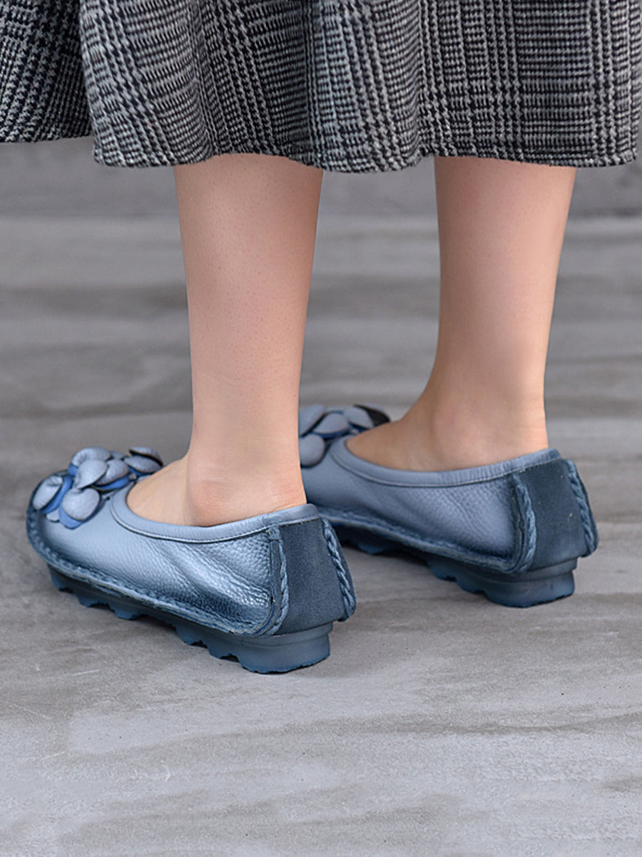Women Vintage Flower Leather Spliced Flat Shoes