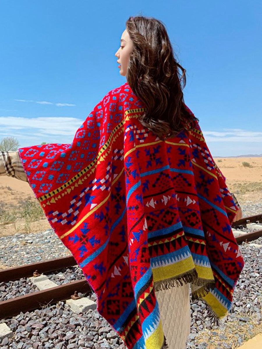 Women Retro Geometric Jacquard Warm Shawl Scarf