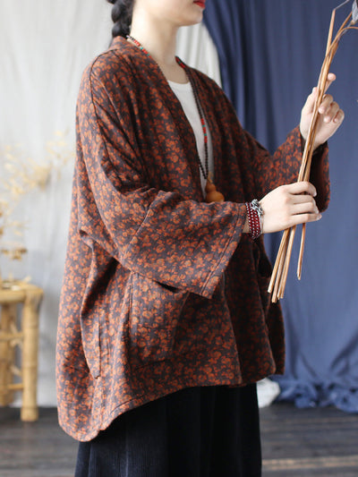 Women Autumn Retro Flower Cotton V-Neck Shirt