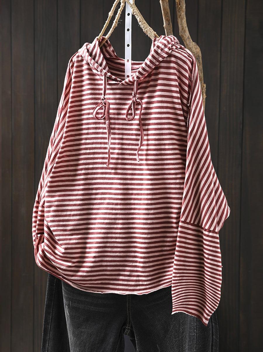 Plus Size Women Autumn Artsy Stripe Cotton Hooded Shirt