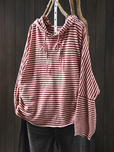Plus Size Women Autumn Artsy Stripe Cotton Hooded Shirt