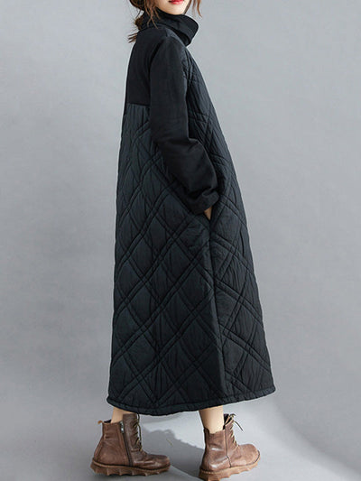 Simple Split-Joint High-Neck H-Line Quilted Midi Dress