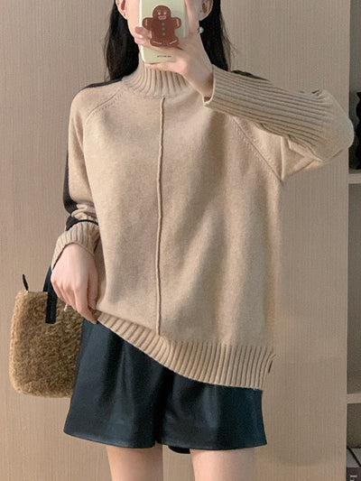 High-Low Long Sleeves Contrast Color Split-Joint Split-Side High Neck Pullovers Sweater Tops