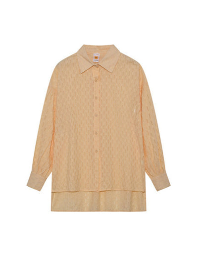 High-Low Long Sleeves Buttoned Jacquard Solid Color Lapel Shirts Top +Shorts Bottom Two Pieces Set