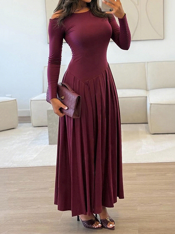 A-Line Bodycon Asymmetric Pleated Solid Color Split-Joint One-Shoulder Maxi Dresses