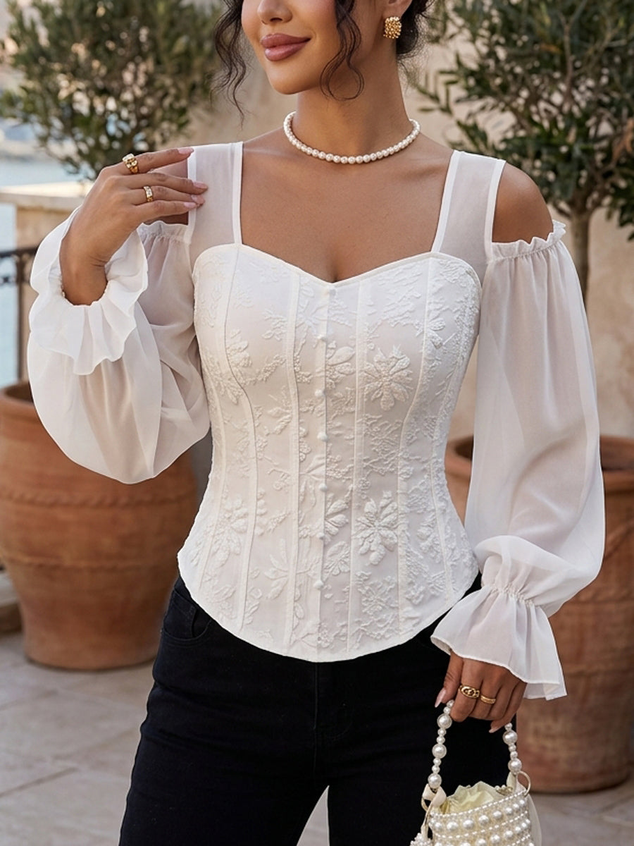 Flared Sleeves Long Sleeves Elasticity Hollow Jacquard Solid Color Split-Joint Cold Shoulder Blouses&Shirts Tops