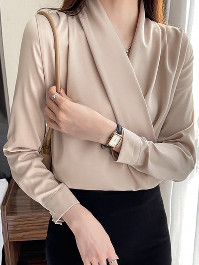 Long Sleeves Loose Buttoned Solid Color V-Neck Blouses&Shirts Tops