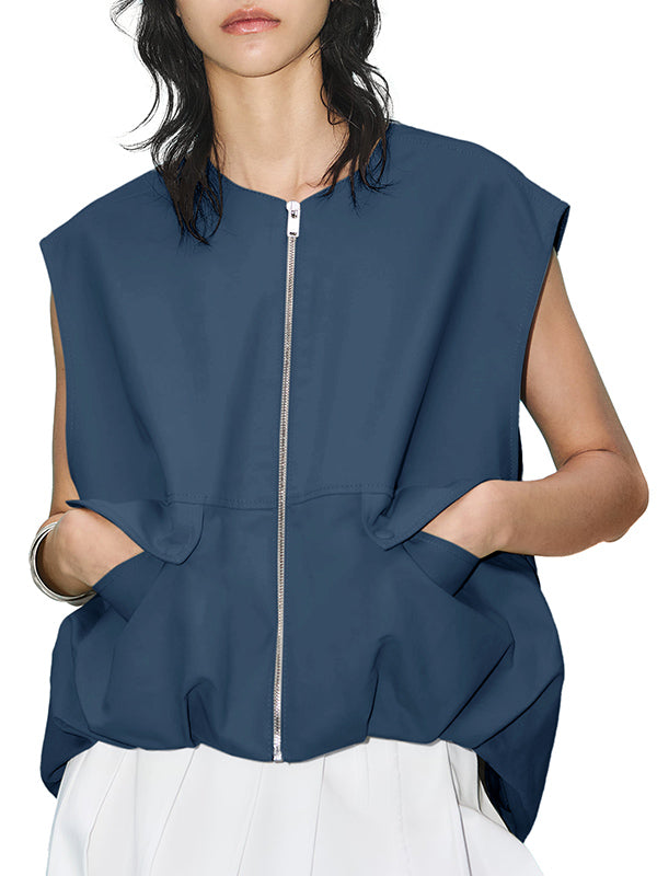 Loose Sleeveless Pockets Split-Joint Zipper Round-Neck Vest Outerwear