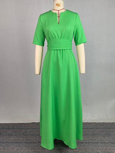 Half Sleeves High Waisted Solid Color Tied Waist V-Neck Maxi Dresses
