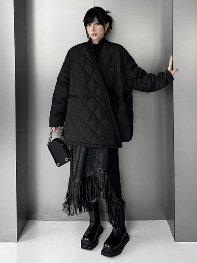 Long Sleeves Loose Plaid Quilted Solid Color Split-Joint Tied Collarless Outerwear Padded Coat