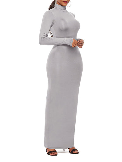 Bodycon Long Sleeves Solid Color High Neck Maxi Dresses