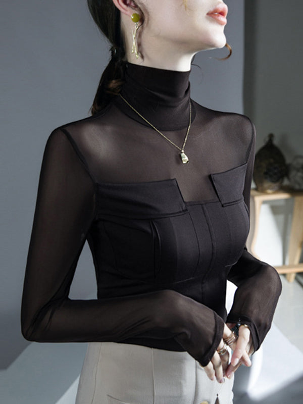 Long Sleeves Skinny See-Through Solid Color Split-Joint High Neck Blouses&Shirts Tops