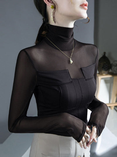 Long Sleeves Skinny See-Through Solid Color Split-Joint High Neck Blouses&Shirts Tops