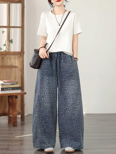 High Waisted Wide Leg Elasticity Leopard Pockets Rhinestone Shiny Solid Color Tied Waist Jean Pants Bottoms