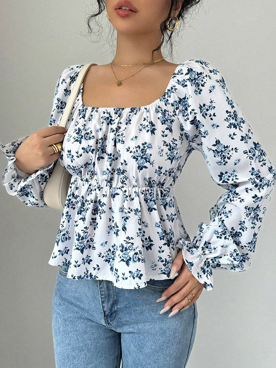 Elasticated Waist High Waisted Contrast Color Flower Print Pleated Ruffled Split-Joint Square-Neck Blouses&Shirts Tops
