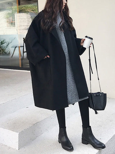 Long Sleeves Loose Buttoned Pockets Solid Color Split-Joint Notched Collar Woolen Coat