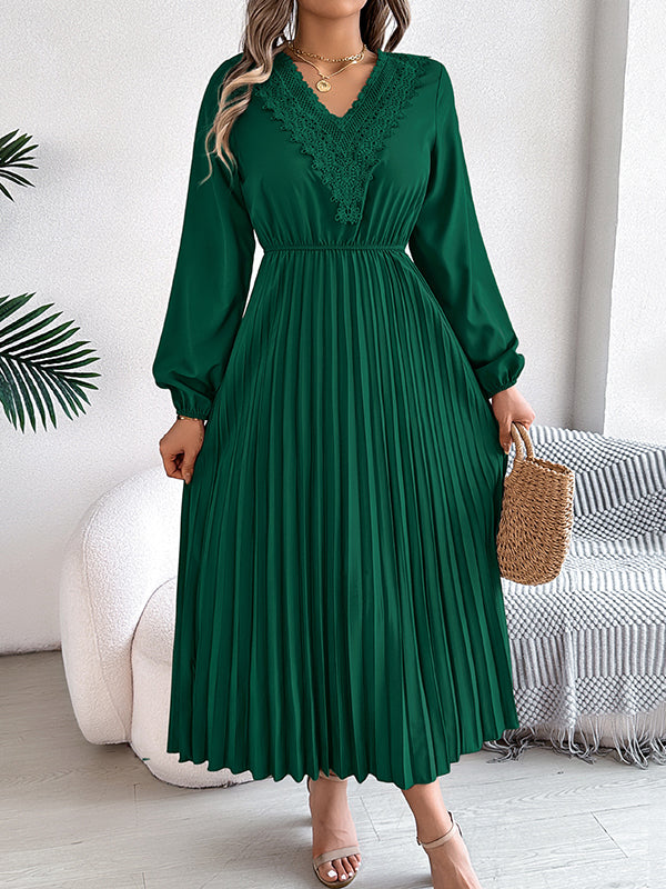 Elasticated Waist High Waisted Pleated Solid Color V-Neck Midi Dresses