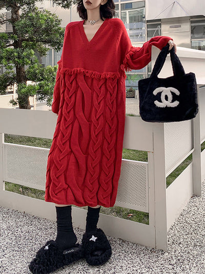 Long Sleeves Loose Solid Color Split-Joint Tasseled V-Neck Midi Dresses Sweater Dresses